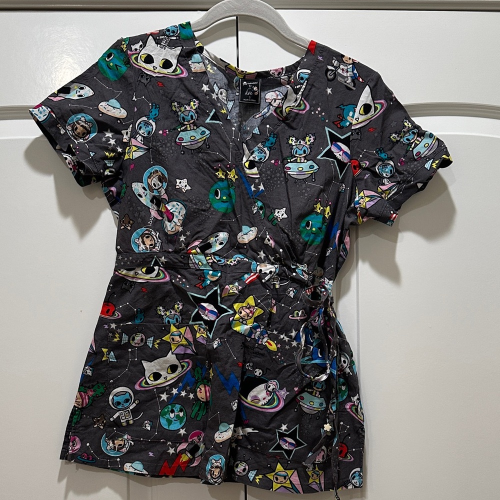 Koi Women's Space-Themed Wrap Top - Black and Multicolor